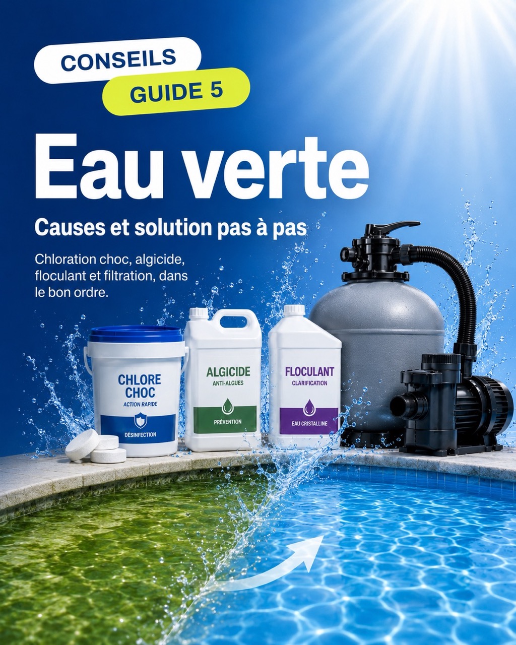 Guide piscine : traiter une eau verte avec chlore choc, algicide et floculant